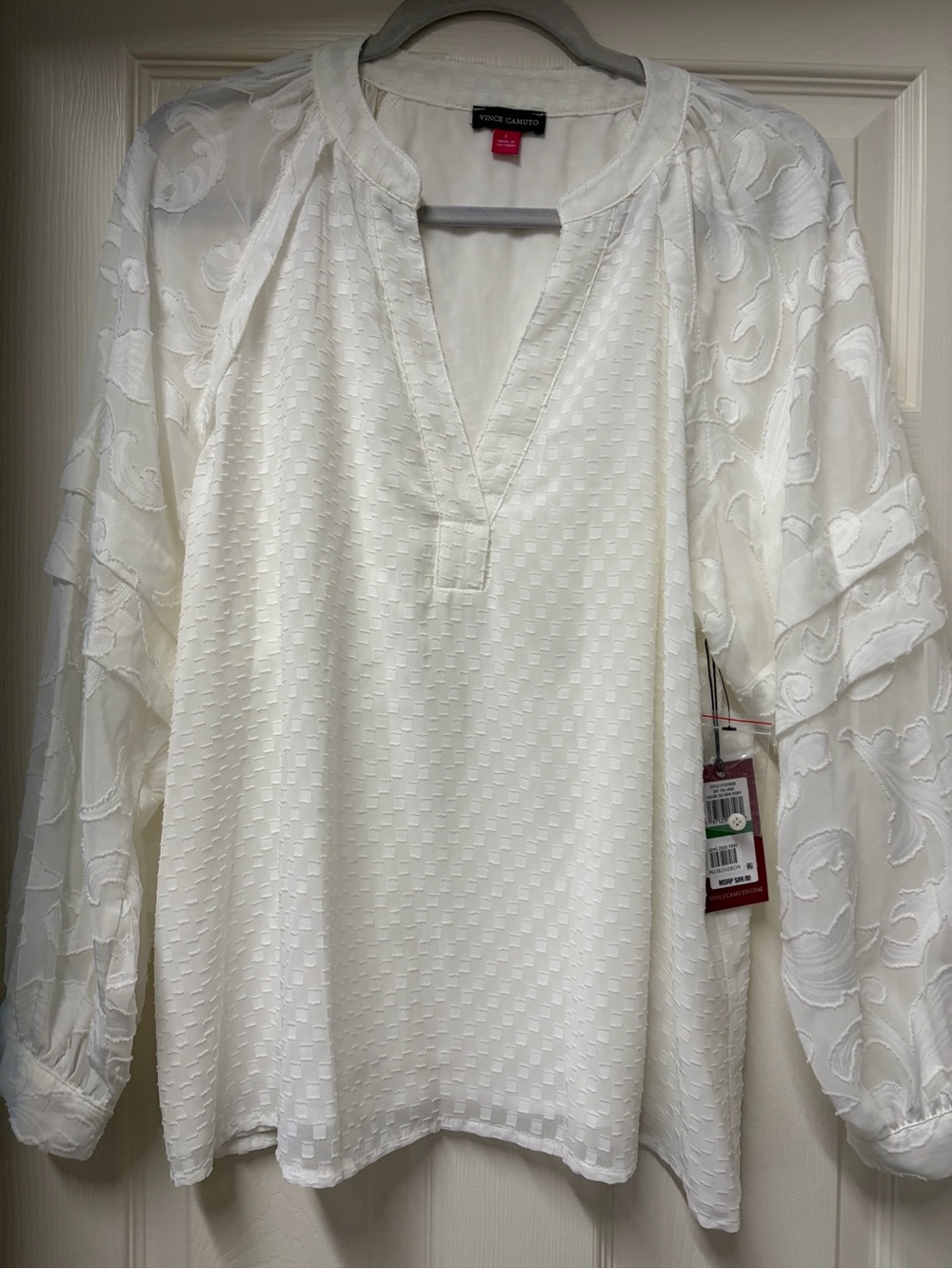 Vince Camuto Ivory Textured Split-Neck Blouse with Embroidered Sheer Sleeves